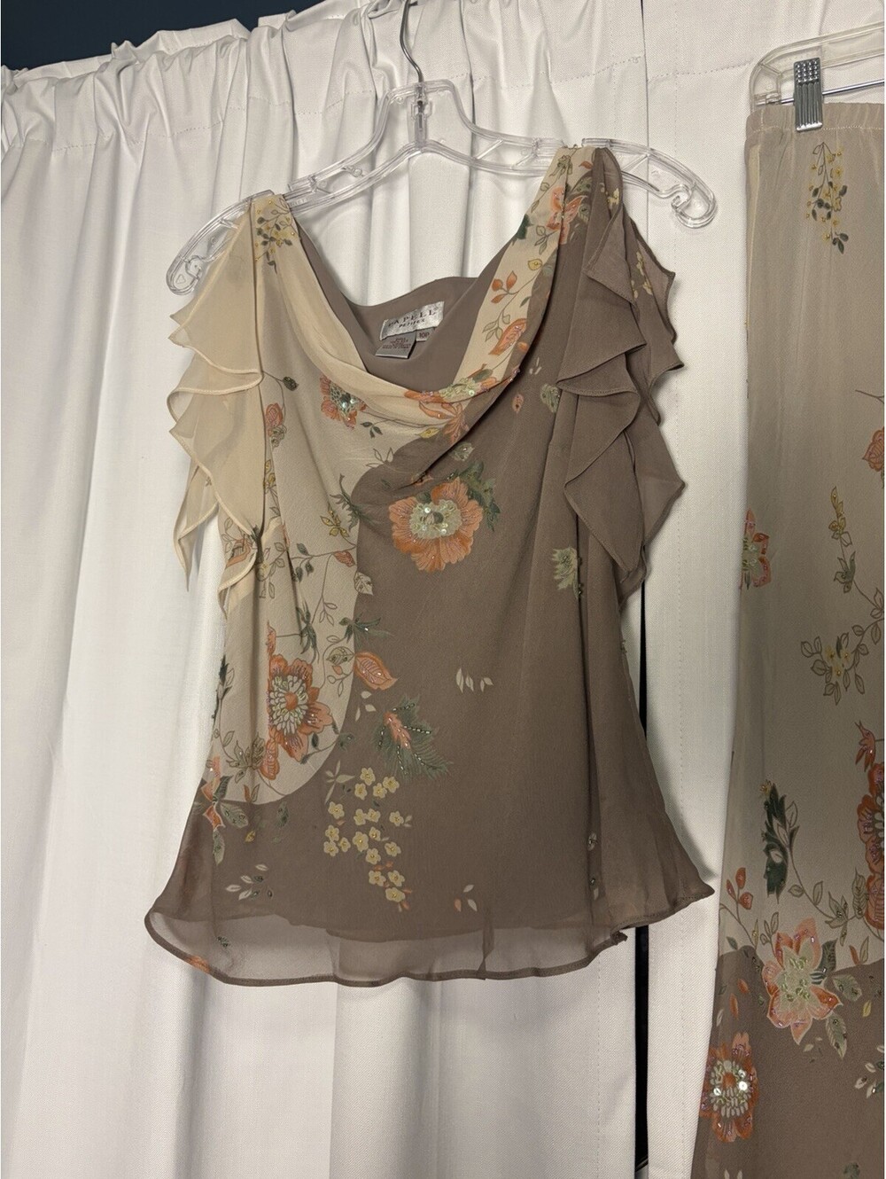 Vintage 90s Adrianna Papell Petites Silk Floral Ruffle Sequin Skirt Set 10P - Picture 3 of 7